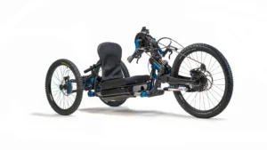Bowhead Rogue: Adventure E-Bike 2 Off-road recumbent handcycle with large tyres, enabling disabled people to access outdoor activities, by our Community Interest Company.