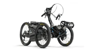 Bowhead RX: Adventure E-Bike 1 All-terrain black electric wheelchair with knobbly tyres, enabling disabled people to access green spaces via our not-for-profit CIC.