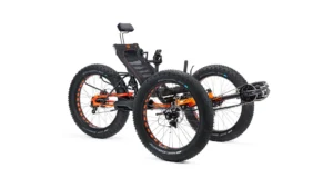 ICE Full Fat: Off-Road Recumbent Trike 4 Accessible three-wheeled recumbent tricycle for disabled outdoor activities by a not-for-profit CIC, shown from rear/side, white background.